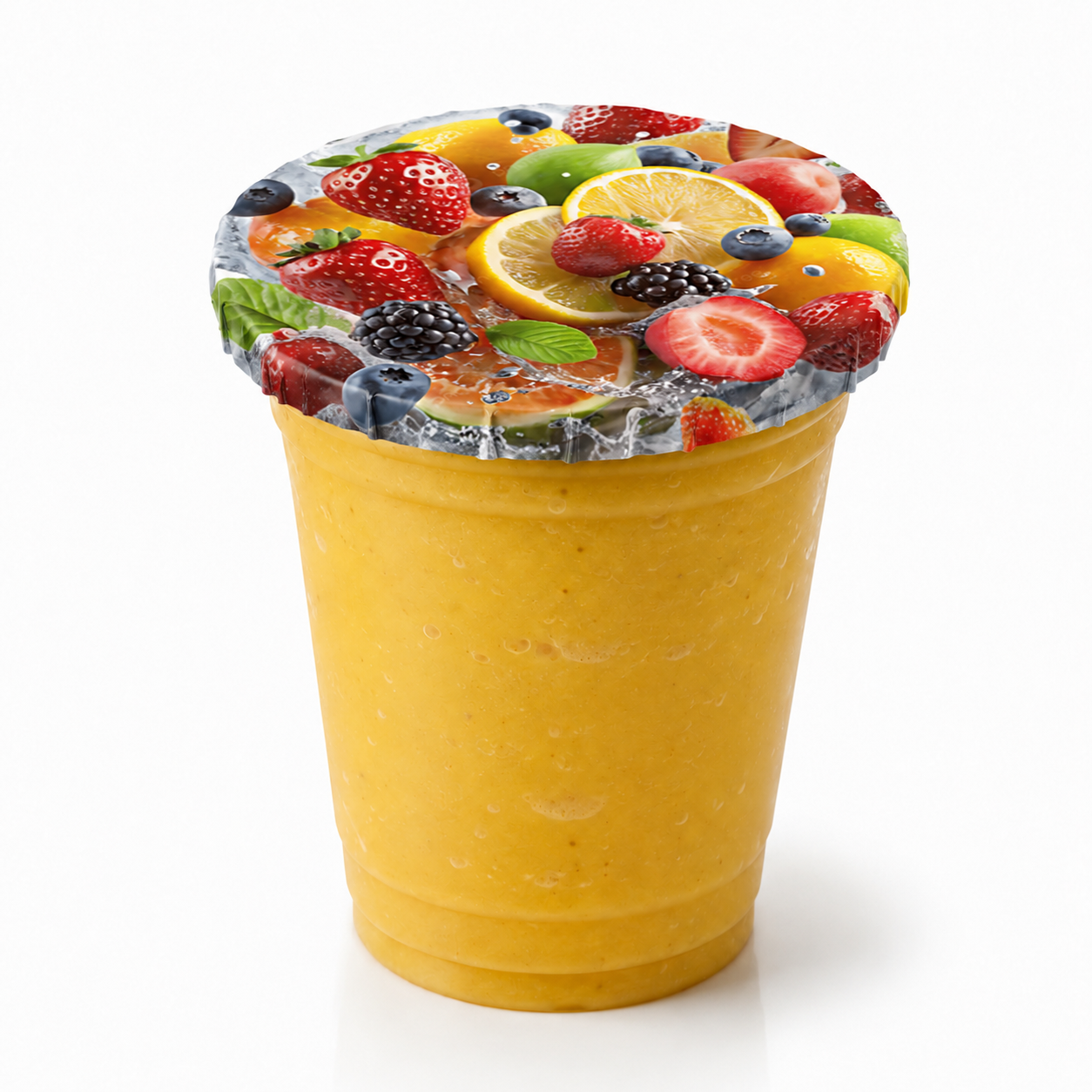 Vaso de smoothie de mango sellado con tapavasos adhesivo estampado de frutas