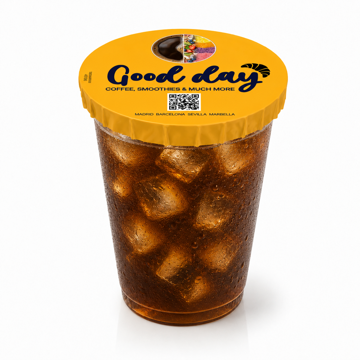 Vaso de refresco con hielo sellado con tapa delivery personalizada amarilla Good day