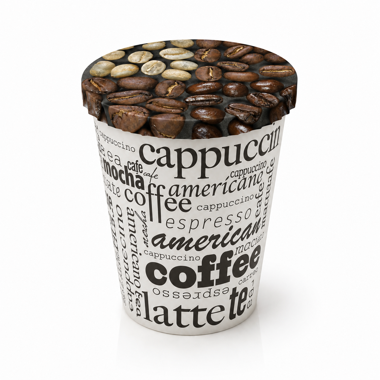 Vaso de café para llevar sellado con tapavasos adhesivo estampado de granos de café