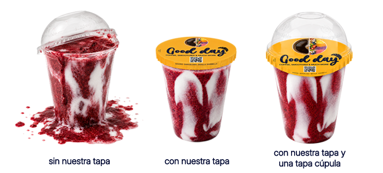 Comparativa de vaso con smoothie derramado sin tapa, vaso con tapa delivery y vaso con tapa delivery y cúpula