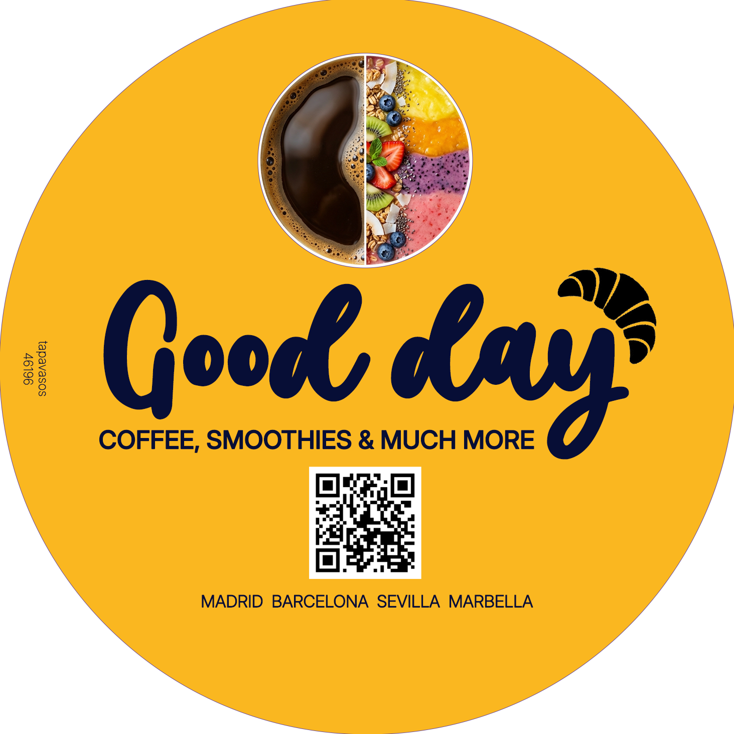 Tapa delivery personalizada amarilla con logotipo, QR y ciudades impresas