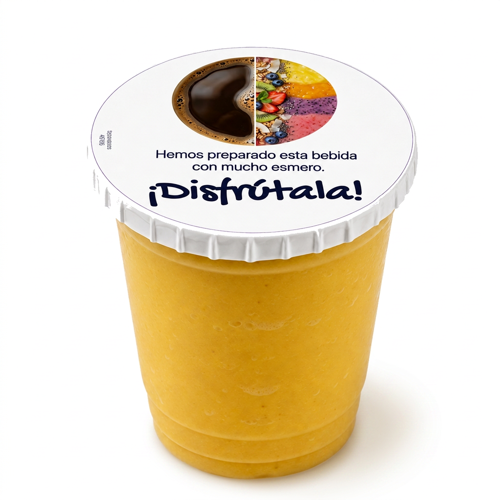 Vaso de smoothie de mango sellado con tapa delivery neutra ¡Disfrútala!